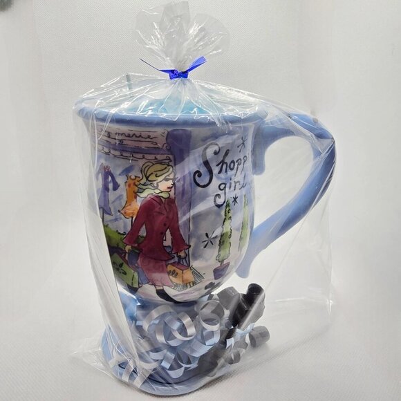 Hand-Poured Soy Candle ✦ Jennifer Brinley Shopping Girl Mug ✦ Blue Flower Topper - Picture 10 of 11